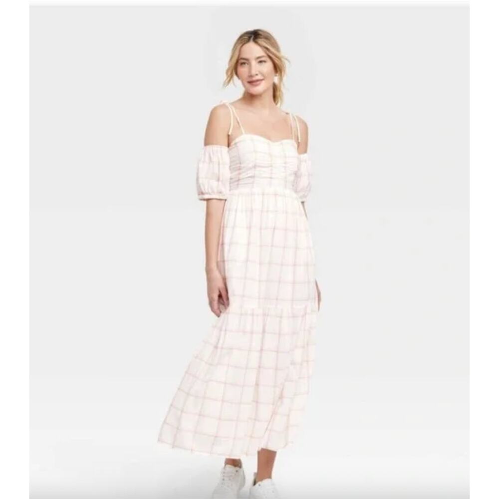 Universal Thread Women's Pink White Plaid Off Shoulder Puff Sleeve Maxi Dress L